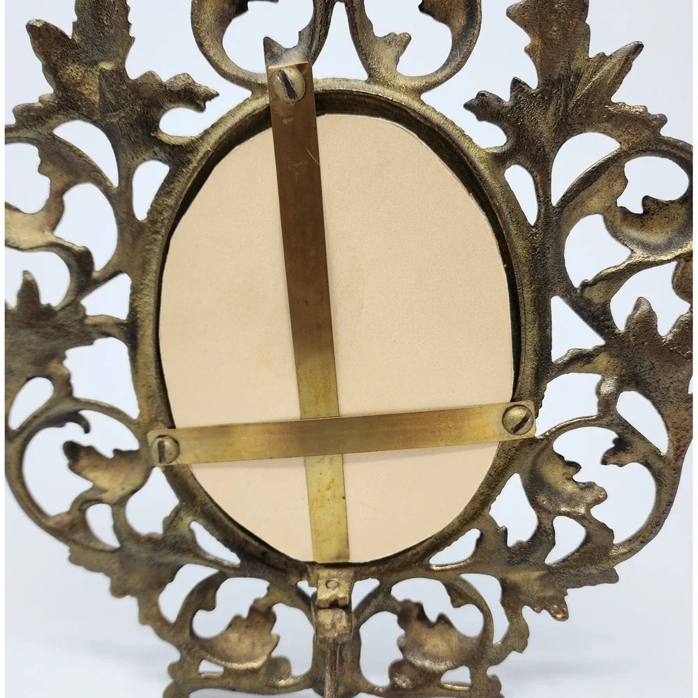 Antique Victorian Cast Metal Brass Oval Picture Frame Swing Easel Filigree 8x10